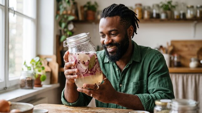 Probiotic Fermented Foods for Gut Health, Home Fermentation. Man with dreadlocks holds large jar of probiotic fermented vegetables in kitchen with wooden shelves and plants