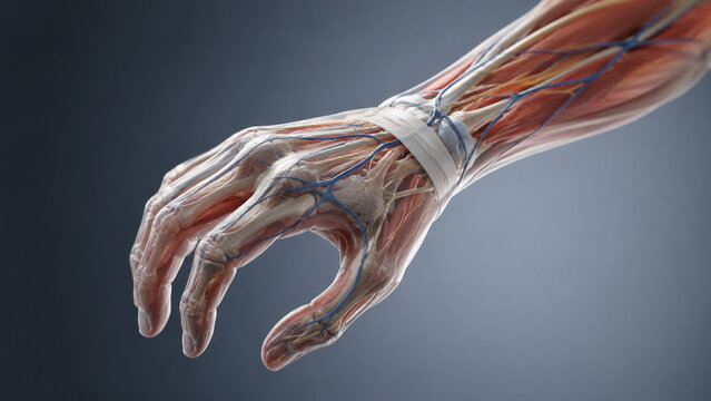 AI generated transparent hand anatomy revealing muscles tendons nerves blood vessels for healthcare medical education clinical reference physiology diagnosis