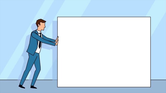 Businessman pushing large blank white presentation board in modern office, business concept animation, corporate presentation background, copy space, 4k motion graphics