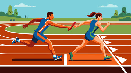Fototapeta premium Dynamic vector illustration of relay runners in a precise baton exchange on a red track, capturing speed, teamwork, competition, motion, and athletic focus at the critical handoff zone