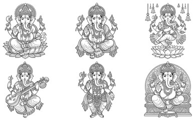 Naklejka premium Collection of Lord Ganesha drawing vector outlines depicting the Hindu elephant god in various poses like playing musical instruments and sitting on lotus for coloring page graphics.