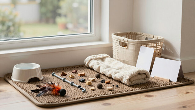 Indoor pet enrichment station with puzzle toy and snuffle mat
