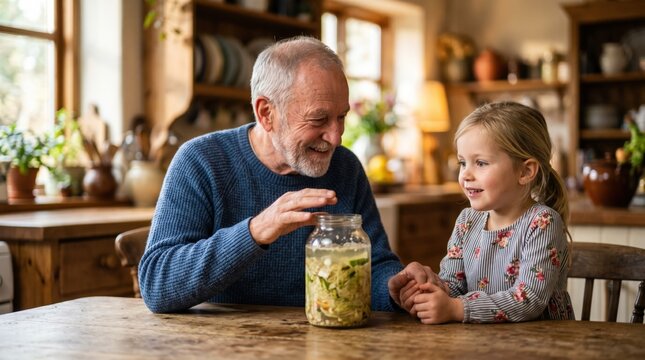 Probiotic Fermented Foods for Gut Health, Home Fermentation. Elderly man and young girl enjoying probiotic fermented foods in a rustic kitchen with wooden furniture and plants