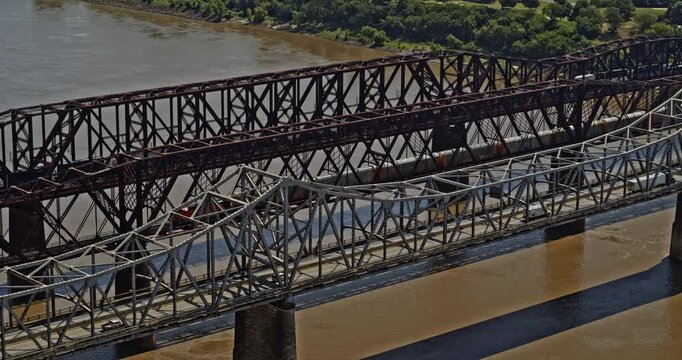 Memphis Tennessee Aerial v28 drone reveal shot from three iconic bridges over mississippi river revealing the vast expanse waterfront downtown cityscape - Shot with Inspire 2, X7 camera - August 2020