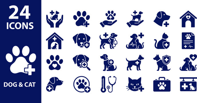 Pet care and veterinary medicine icons for healthcare and animal wellness