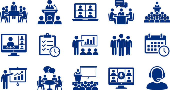 Business communication and meeting icons for corporate presentations and team collaboration