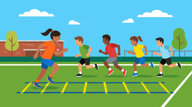 Young diverse athletes run a ladder agility drill on a sunny training field, energetic youth sports vector scene showing speed, teamwork, fitness, coordination and active outdoor practice for teams