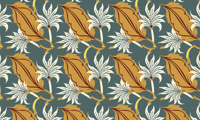 Fototapeta premium Seamless Tropical Palm Leaf Pattern in Batik Style with Teal Gold and Cream Colors