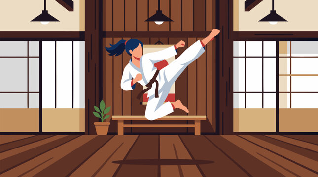 Female martial artist executing a powerful high spinning kick in a traditional dojo training hall, dynamic vector scene of discipline, strength, balance and focused athletic motion