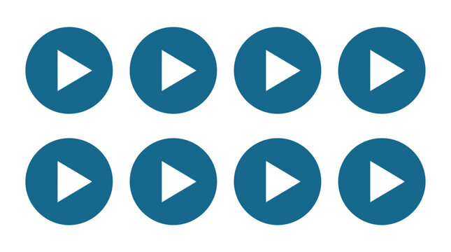 Minimalist play button icons, set of 8 blue circular video start symbols, flat vector media player interface elements for web and app design