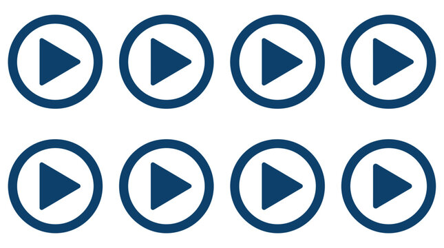 Minimalist blue play button icons, set of 8 circular media player symbols, flat vector video start signs for web and app interface design