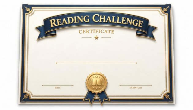Elegant reading challenge certificate template featuring gold text and a navy blue ribbon border design