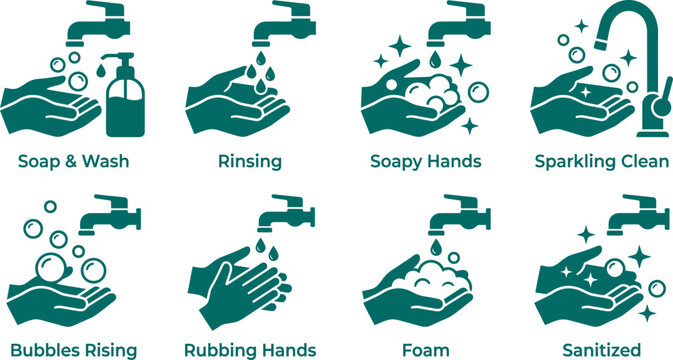 Handwashing steps and hygiene icons for health and safety guidelines