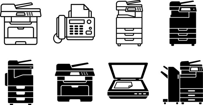 Collection of multifunctional office printer and copier machine icons