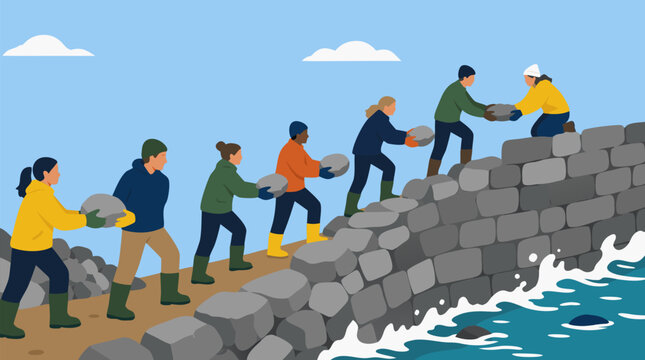 Diverse coastal workers form a human chain passing stones to repair a sea wall against waves, resilient teamwork vector illustrating climate defense, community labor, safety, and shoreline protection