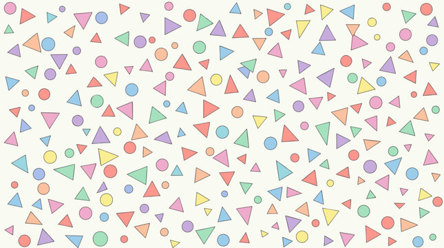 Playful pastel geometric confetti pattern with scattered triangles and circles, rainbow candy colors on warm ivory, cheerful vector background for party, kids, stationery and modern packaging