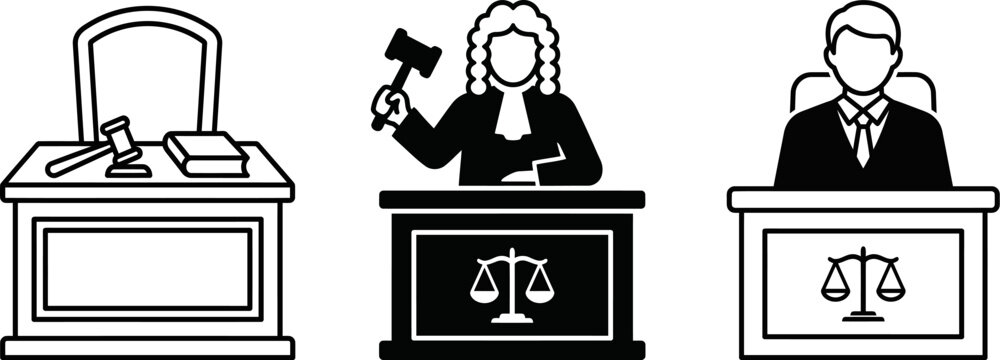 Courtroom scene with judge and lawyer at their respective desks