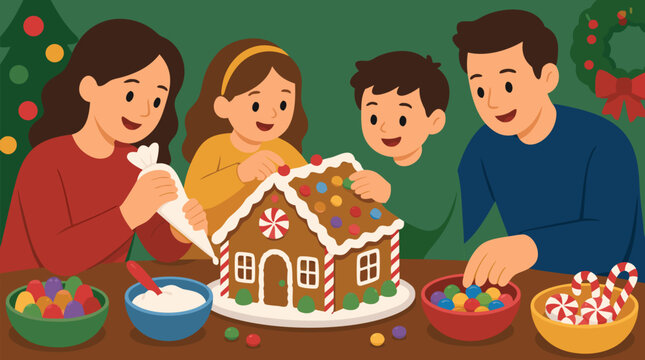 Smiling family builds and decorates a gingerbread house with frosting, gumdrops and candy canes, cheerful Christmas vector scene for holiday baking, kids activities and cozy home celebration