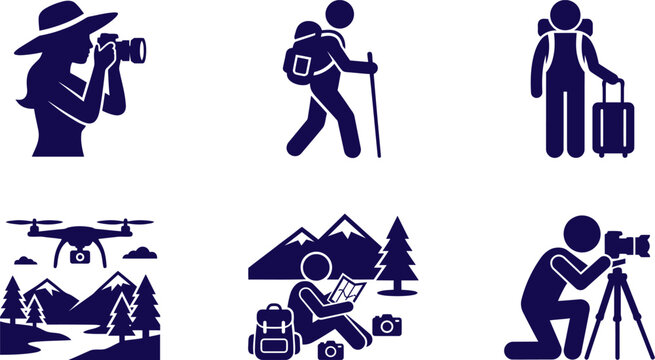 Travel and photography icons featuring people capturing moments