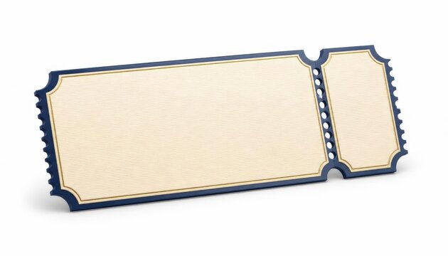 Blank vintage raffle ticket with blue edges and golden outlines isolated on a white background