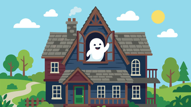 Friendly white ghost waving from an attic window of a quirky old haunted house, cheerful Halloween vector scene with sunny sky, garden, chimney and whimsical spooky holiday charm for kids