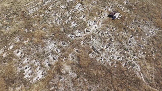 Drone Footage of Juliopolis Necropolis in Cayirhan Nallihan Ankara Turkey Showing Roman Byzantine Tombs and Archaeological Terrain