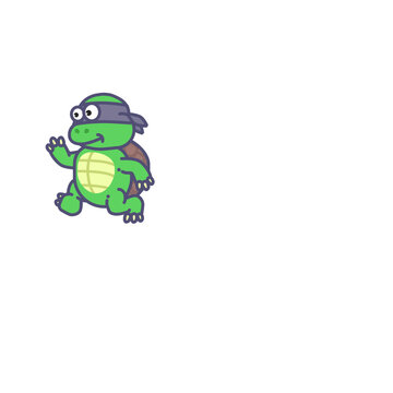 Cute anthropomorphic green ninja turtle wearing purple mask in walking pose