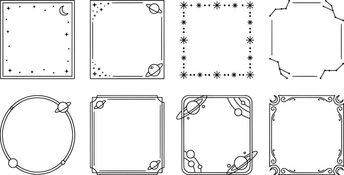 Set of space themed frames and borders, celestial elements with planets, stars, moon and constellations, vector collection transparent background