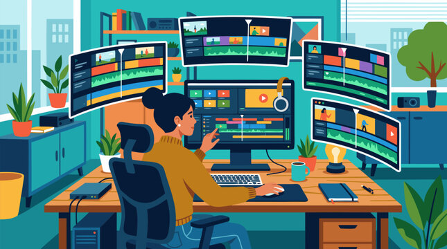 Creative video editor at modern workstation reviewing floating timelines, multichannel screens, audio waves and colorful clips for digital post production vector illustration for studio workflow