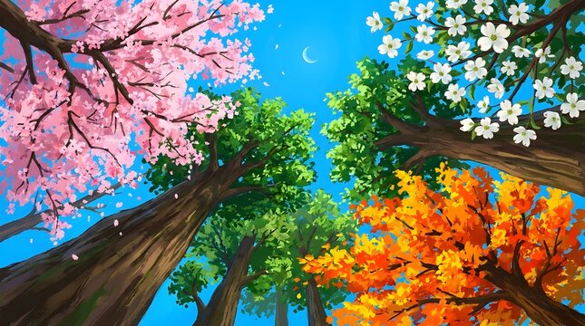 Four seasons trees view looking up at blue sky