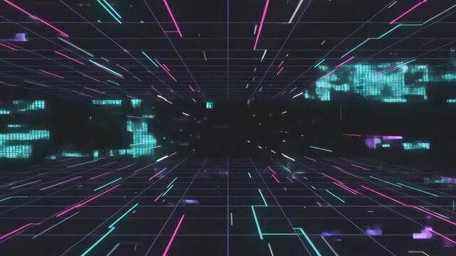 Abstract futuristic tunnel with neon lines and a torn paper effect transitioning into a digital glitch. Dynamic retrowave background with pixel distortions and a hyperspace concept.