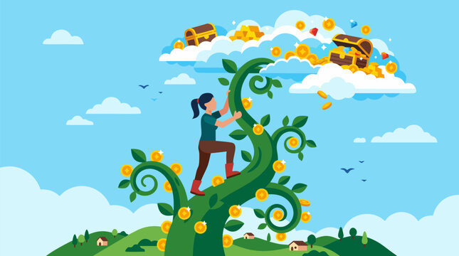 Ambitious woman climbing a giant green beanstalk covered in golden coins toward treasure chests in clouds, whimsical vector concept of wealth growth, success, savings and financial dreams