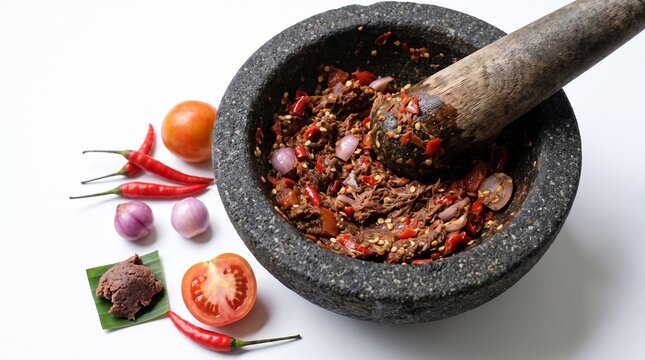 Traditional Indonesian sambal terasi chili paste in stone mortar with fresh ingredients on white background