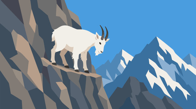 Mountain goat vector illustration balancing on a narrow rocky alpine ledge, white wild ibex above dramatic snowcapped peaks and blue sky for wilderness adventure and wildlife design