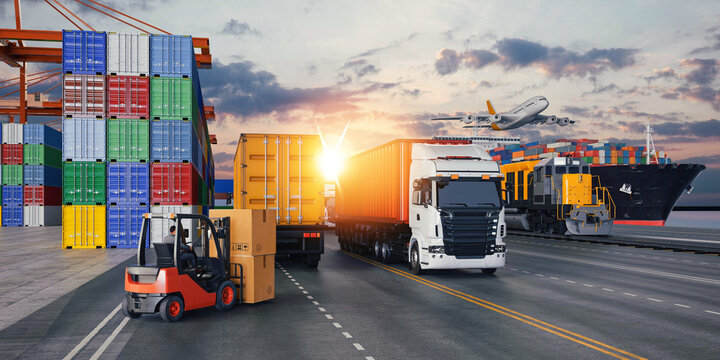 Global logistics and transportation concept with truck, train, ship, and airplane at sunset 3D render illustration.