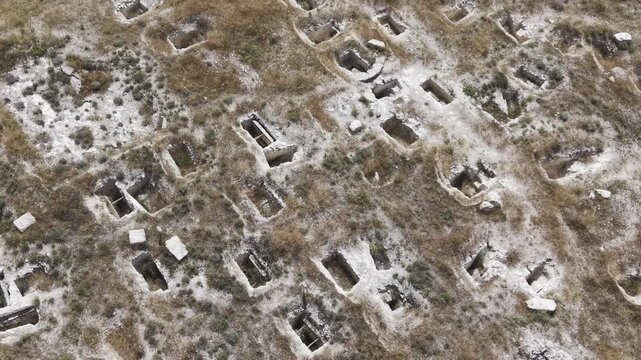 Drone Footage of Juliopolis Necropolis in Cayirhan Nallihan Ankara Turkey Showing Roman Byzantine Tombs and Archaeological Terrain