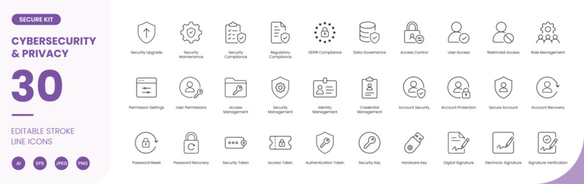 cybersecurity privacy icon line style access management editable stroke vector set