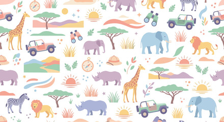 Pixel Art Safari Animals Pattern: Giraffe, Lion, Elephant, Zebra, Rhino, Jeep, Sun © kalimawafina