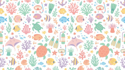 Seamless Pattern of Cute Underwater Sea Life and Scuba Diving Elements, Pastel Colors © kalimawafina