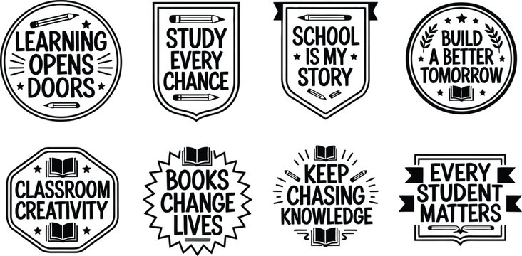 Educational school badges set, 8 black and white academic vector labels, motivational classroom quotes for students and teachers isolated PNG with Transparent Background