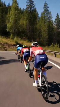 Cyclists riding mountain road at high speed, tight drafting in peloton along guardrail, aerodynamic jerseys and helmets, sunlit alpine valley, focused teamwork and sprint preparation
