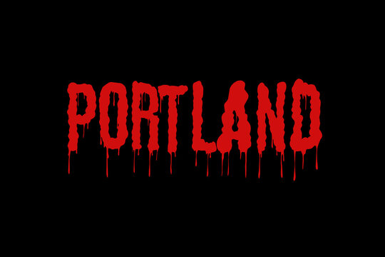 Portland text vector illustration in horror style. Red dripping blood font lettering isolated on black background. Creepy melting liquid font typography for merchandise
