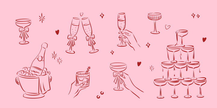 Celebration vibes: elegant drinks and glassware on pastel pink Whimsical illustration