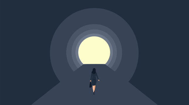 Tiny businesswoman walks alone through a dark circular tunnel toward an enormous glowing exit, dramatic metaphor for hope, career change, opportunity and resilient future vector illustration
