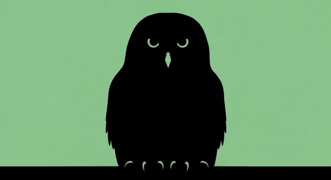 A silhouette of an owl perches quietly on a branch against a green background.