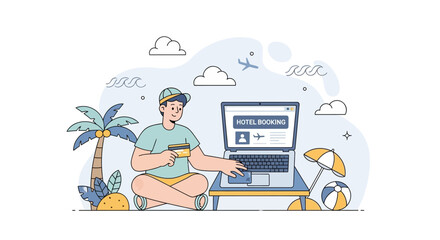 Fototapeta premium Man booking hotel online for vacation on laptop with credit card, travel concept