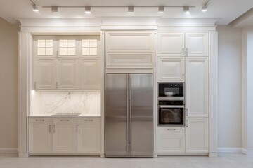 Fototapeta premium Elegant kitchen with white cabinetry, modern appliances, and ambient lighting.