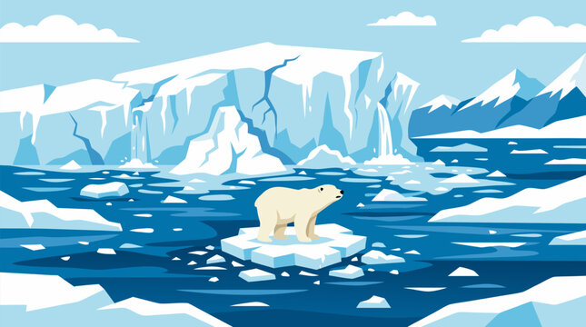 Lonely polar bear stranded on shrinking ice floe before melting glacier cliffs, cracked arctic seascape raising urgent climate change awareness in clean flat vector illustration poster