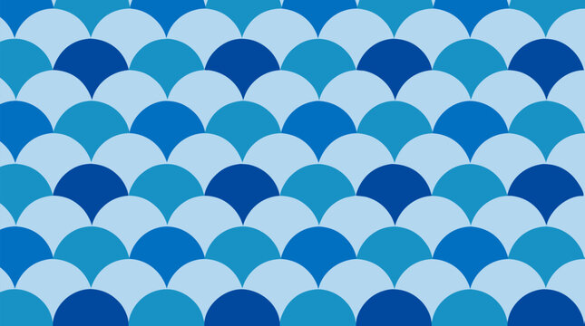 Seamless coastal blue scallop wave pattern with layered semicircle scales, ocean inspired vector repeat for nautical textiles, beach decor, packaging, wallpaper and summer branding