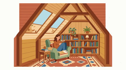 Cozy attic loft reading nook with skylight windows, exposed wooden beams, armchair, bookshelf, plants and patterned rug, warm Scandinavian interior vector illustration for home library design © Omar